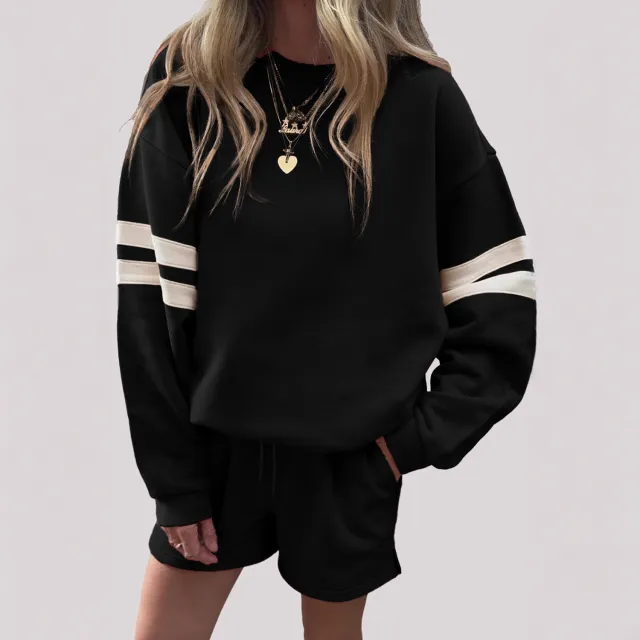 European And American Casual Loose Round Neck Sweatshirt And Shorts Two piece Set Black - Shop at LoveMi