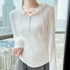 Korean-style Designer Niche Thin Fashionable Long-sleeve T-shirt With Zipper - White - View 1