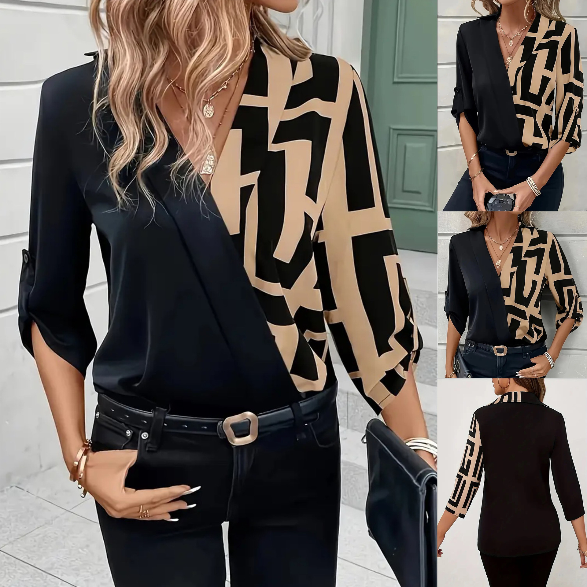 New European And American-style Casual Black V-neck Patchwork Fashion Shirt