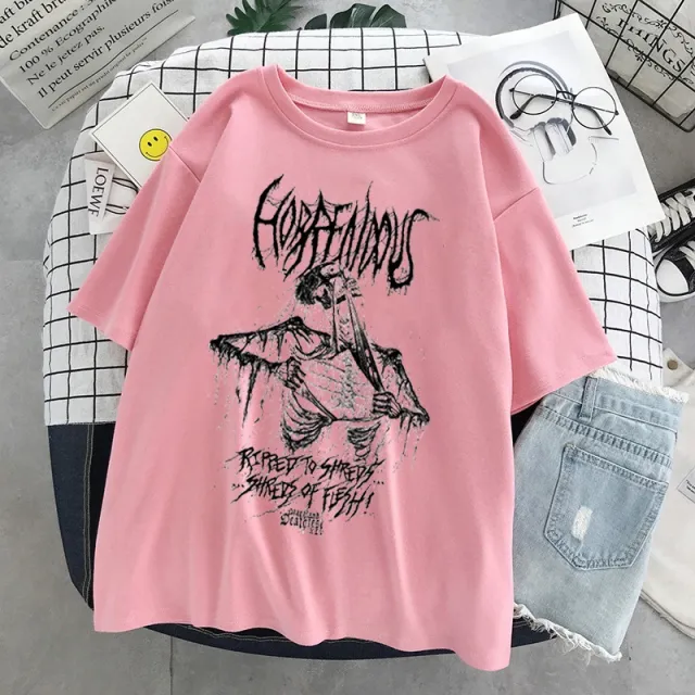 Skull Print Round Neck Loose Short Sleeves T shirt Pink - Shop at LoveMi