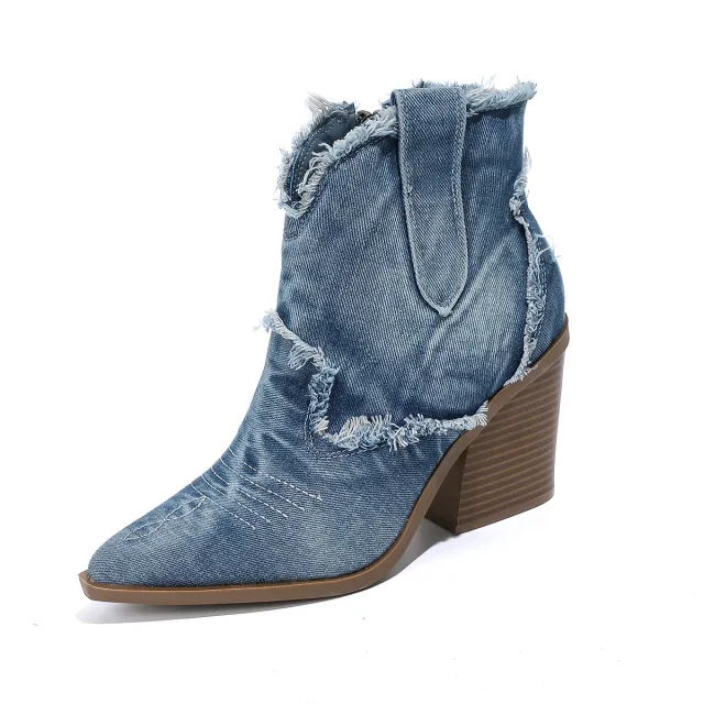 Women's Trendy Pointed toe Western Cowboy Boot Comfortable Ankle Boots Blue - Shop at LoveMi