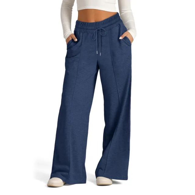 Women's Lace up Solid Color Waist Tight Fashion Wide leg Casual Pants Navy Blue - Shop at LoveMi