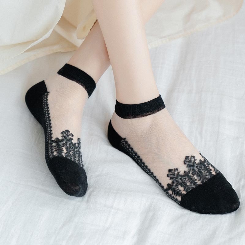 Thin Sheer Lace-trimmed Crystal Jacquard Ankle Socks