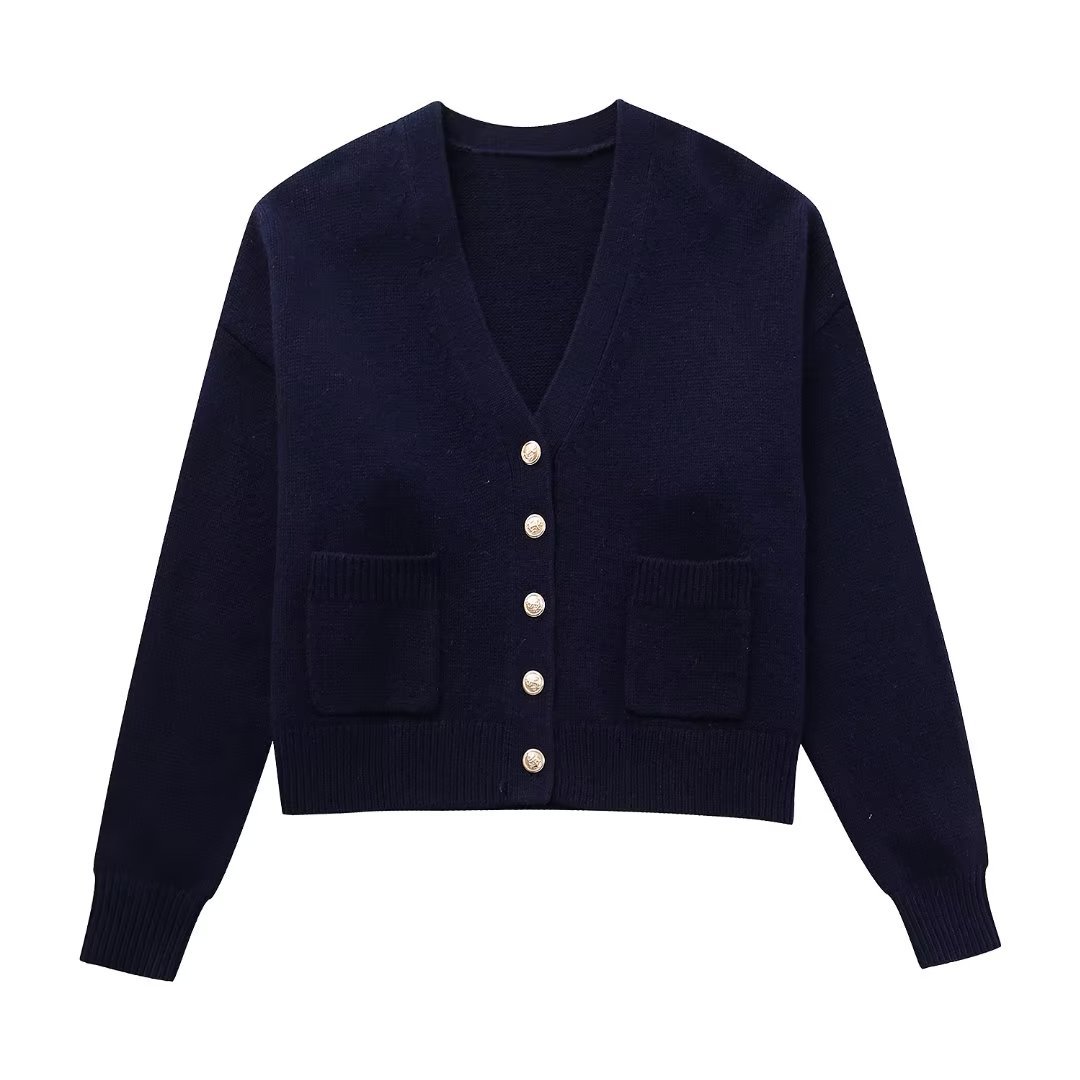 Fall New Women's Clothing Street Fashion V neck Knitted Jacket Blue - Shop at LoveMi