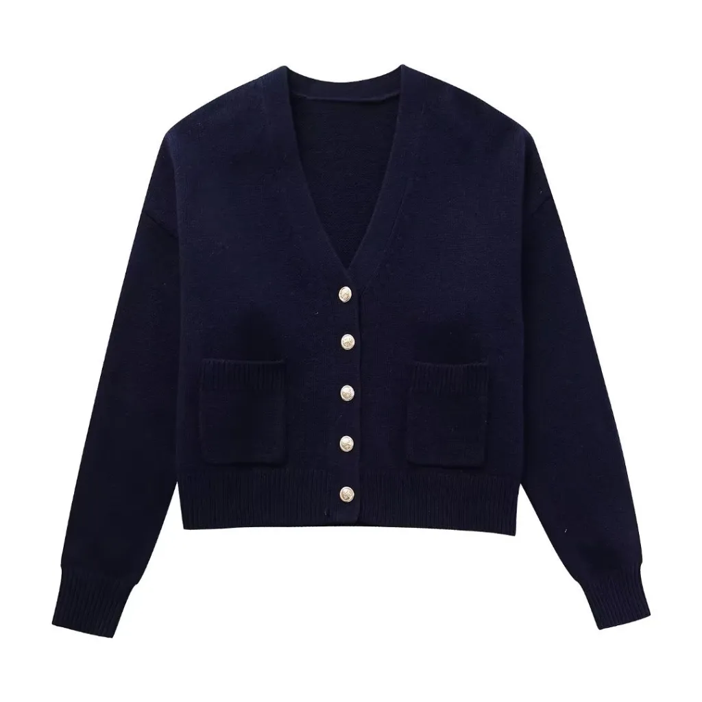 Fall New Women's Clothing Street Fashion V-neck Knitted Jacket - Blue