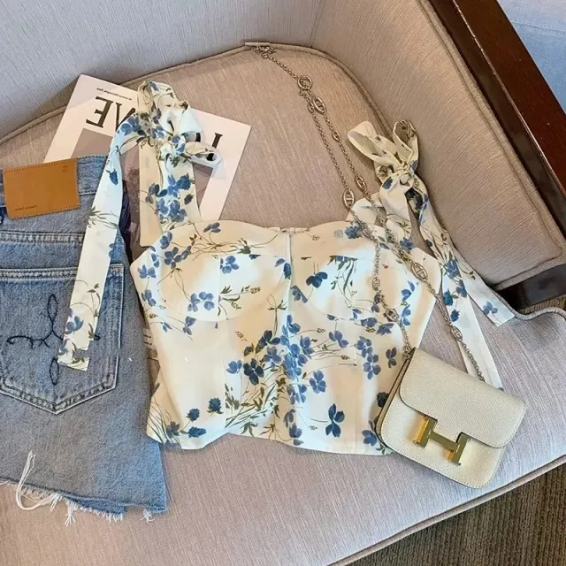 Retro Short Halter Floral Vest Top For Bandeau Sling Women Floral - Shop at LoveMi
