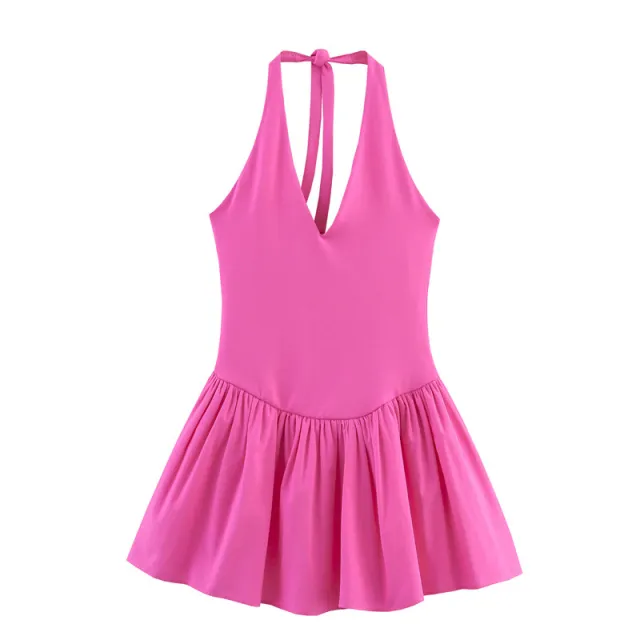 European And American Style Solid Color Sexy Slimming Waist Hanging Collar Stitching Dress Pink - Shop at LoveMi