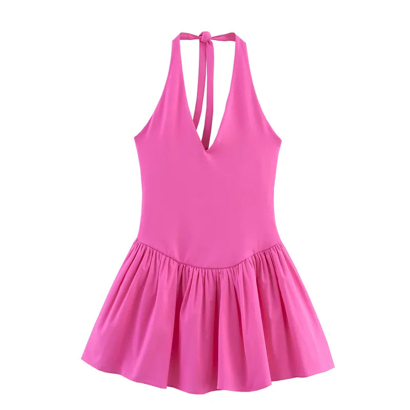 European And American Style Solid Color Sexy Slimming Waist Hanging Collar Stitching Dress - Pink