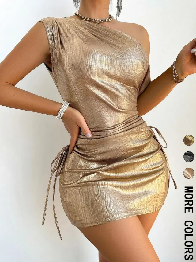 Asymmetrical Shoulder Ruffle Knot Holiday Party Dress Champagne Xl - Shop at LoveMi