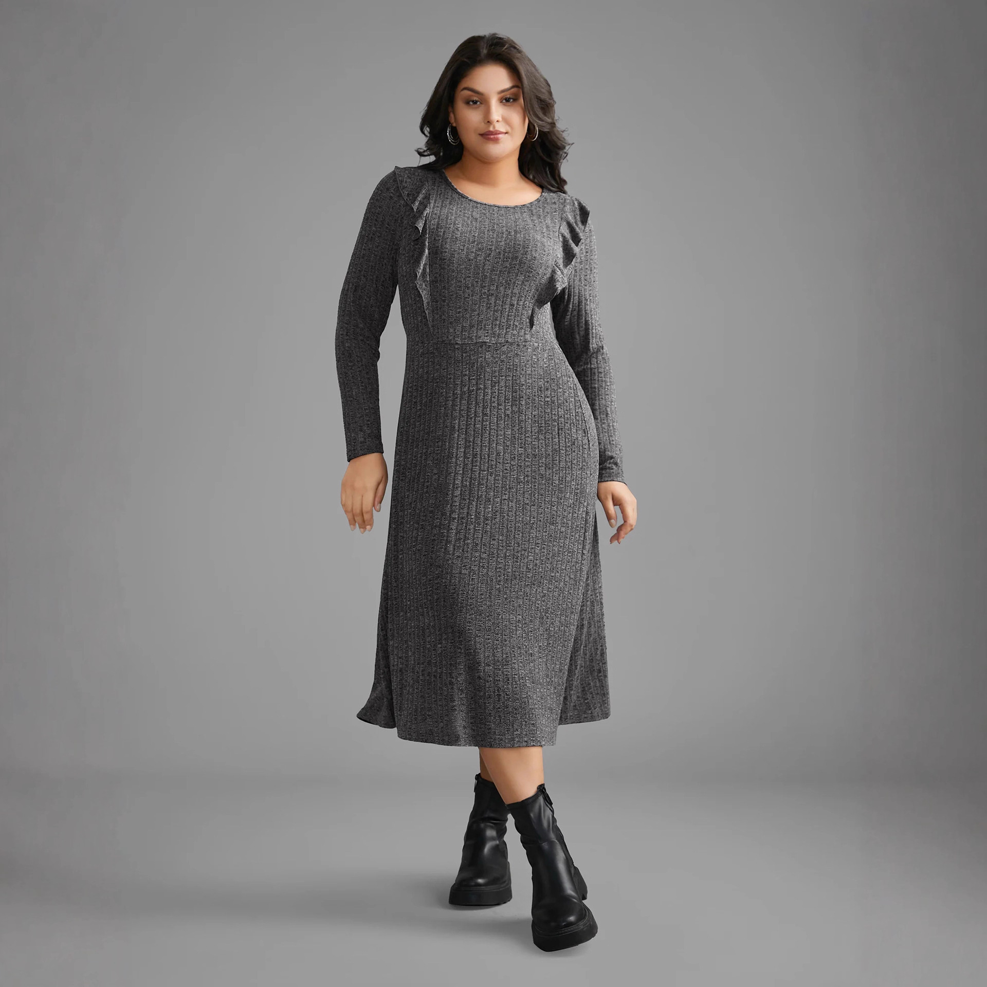 Casual Ruffled Long Sleeve Loose Round Neck Knitted Dress Fe3c70e4 6017 42df B14e 6f14051ed332