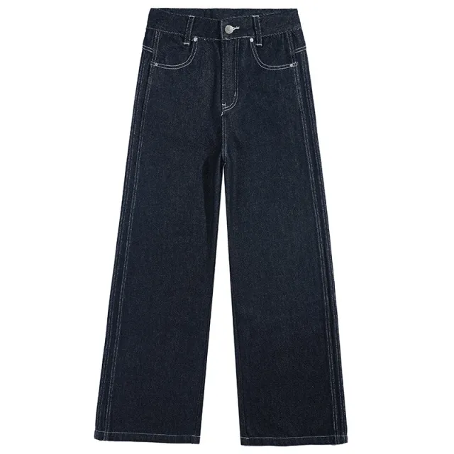 Fashion Women's Loose Straight Long Pants Dark Blue Lengthened - Shop at LoveMi