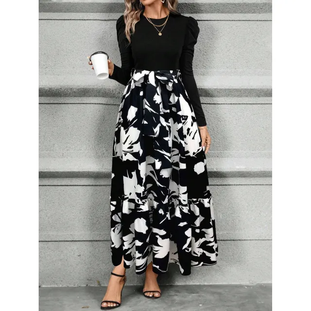 Womens Autumn Floral Print Crew Neck Long Sleeve Dress White - Shop at LoveMi