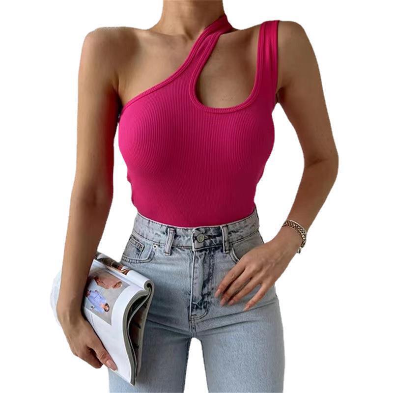 European And American Sunken Stripe Knitted Vest Solid Color Short Oblique Shoulder Irregular