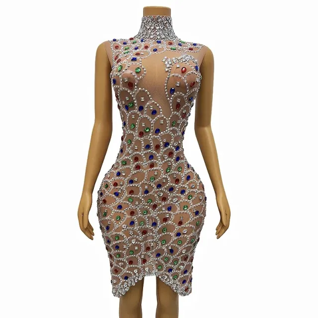 Lace Color Crystal Long Sleeve Women Party Dress Hot Drilling Evening Dress Apricot - Shop at LoveMi