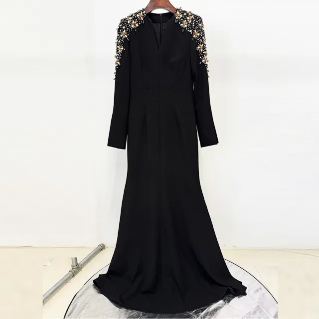 Heavy Industry Beads Diamond Front Slit Small Trailing Dress Black - Shop at LoveMi