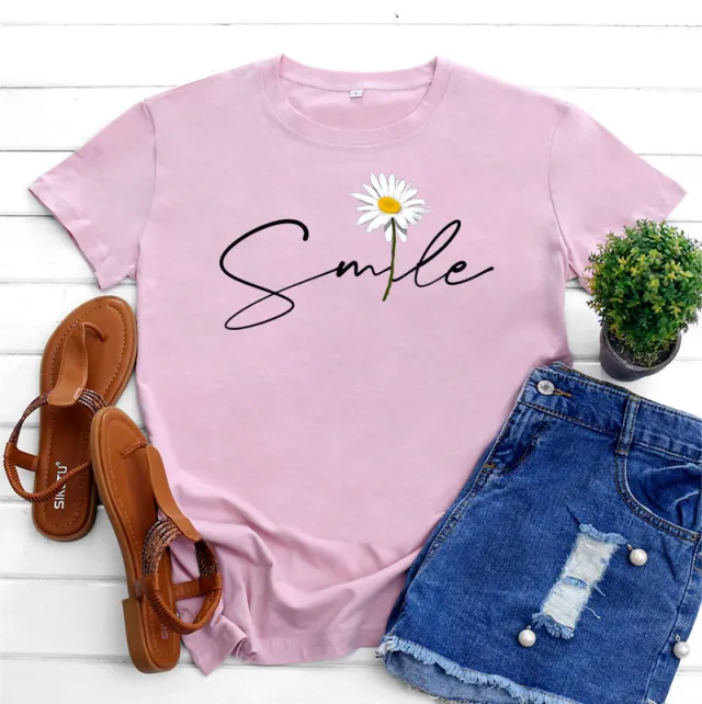 Women's Fashion Casual Daisy Print Short Sleeve T shirt Top Pink - Shop at LoveMi