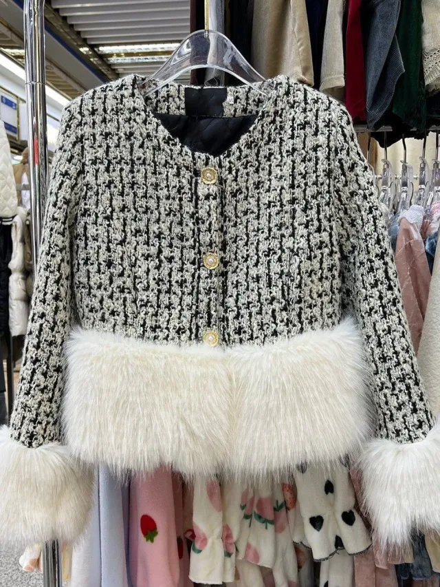 French Single breasted Fur Short Coat Women's Wool Black Cotton Lining - Shop at LoveMi