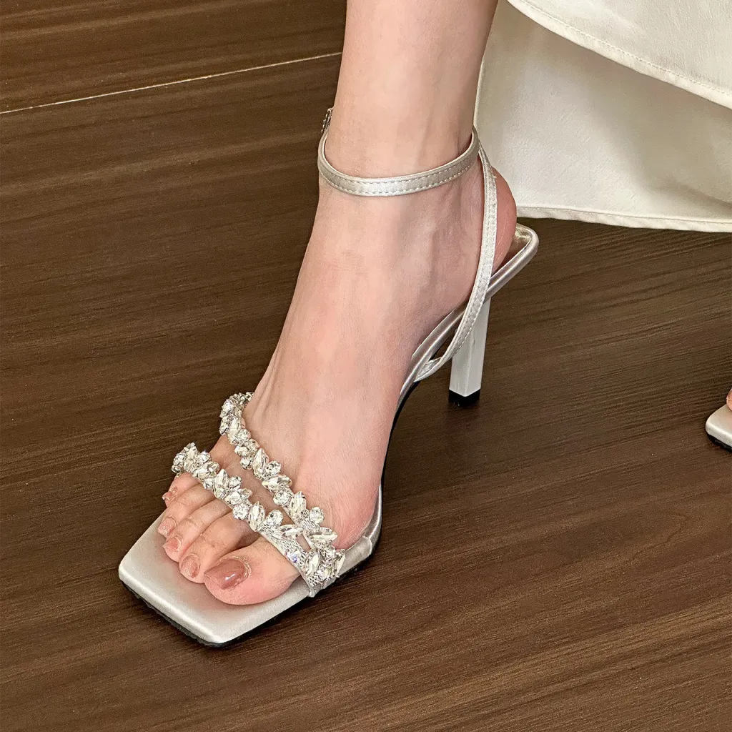 Women's White Rhinestone Ankle-strap High Heel Sandals - Grey
