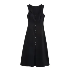 Slim-fit Slimming Linen Midi Skirt Dress - Black - View 1