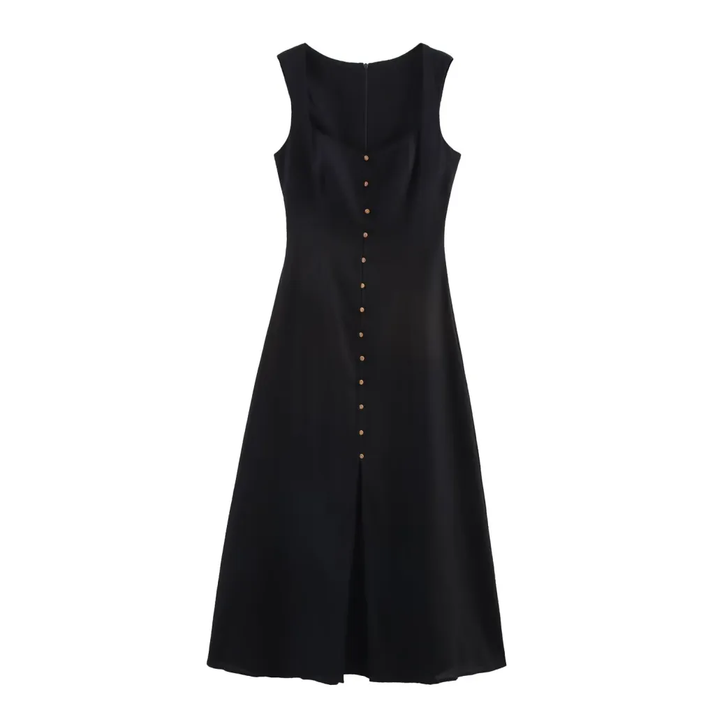 Slim-fit Slimming Linen Midi Skirt Dress - Black