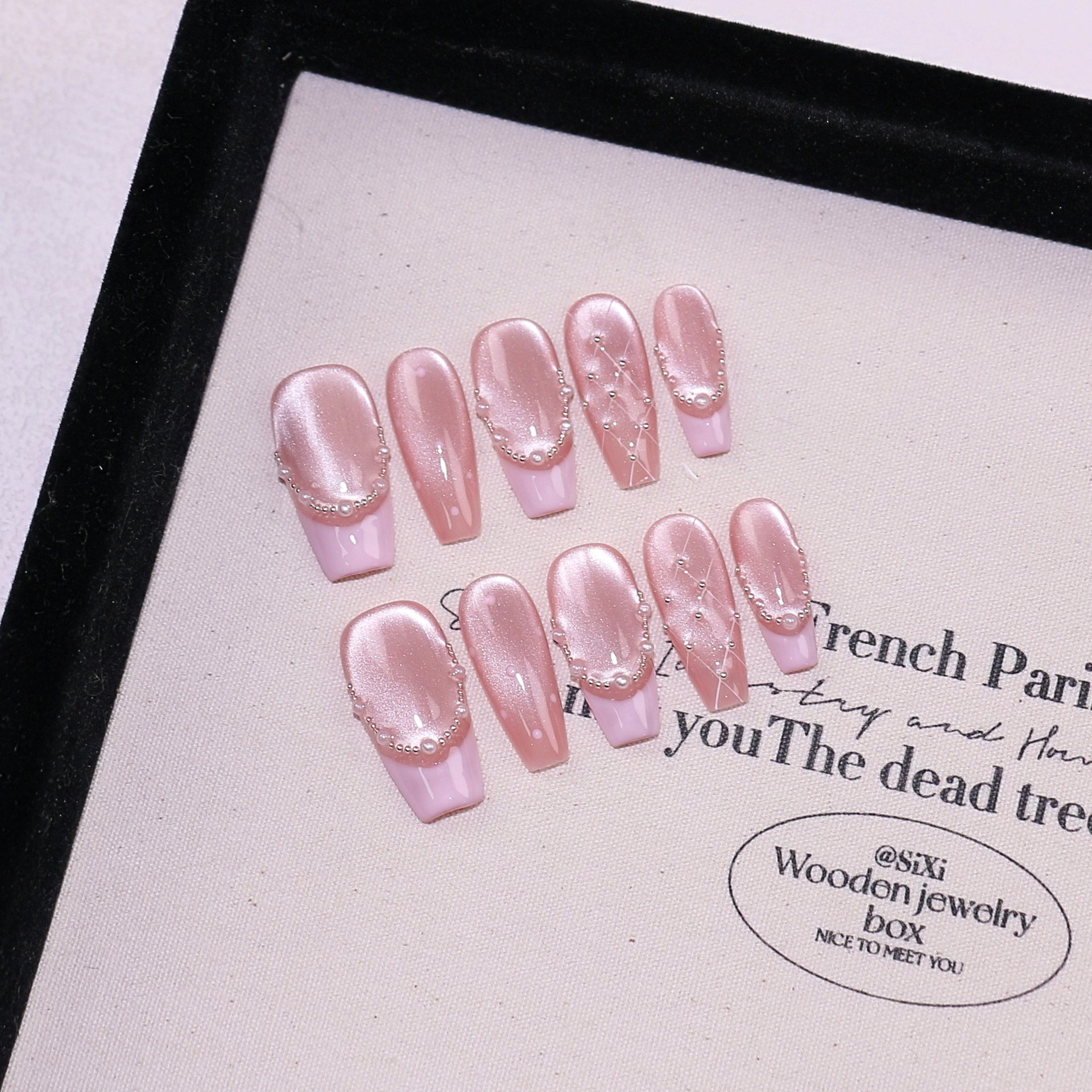 French Pearl Herringbone Cat Eye Detachable Nail Stickers