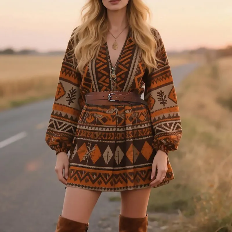Loose Casual Bohemian Print Long Sleeve Dress - Yellow