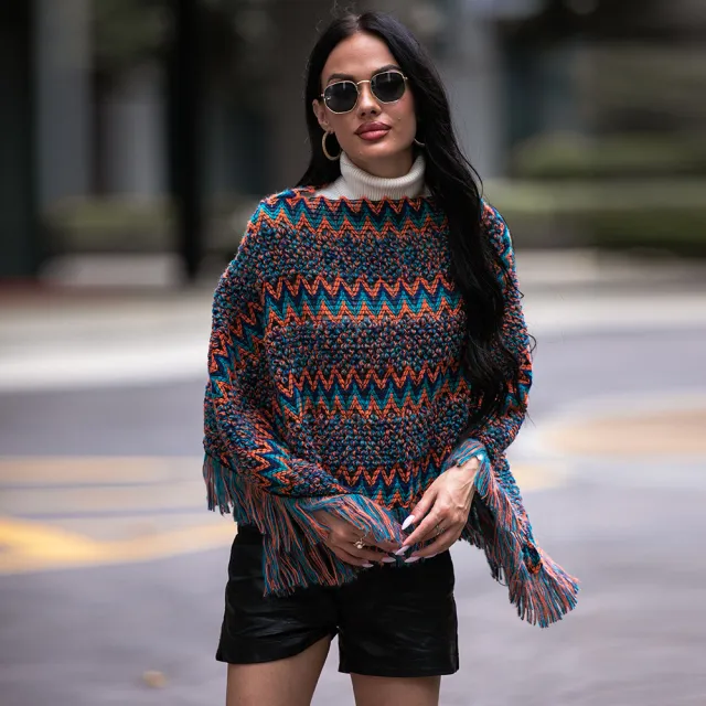 V neck Cloak Type Twill Plaid Tassel Pullover Shawl Knitwear Sweater Blue - Shop at LoveMi
