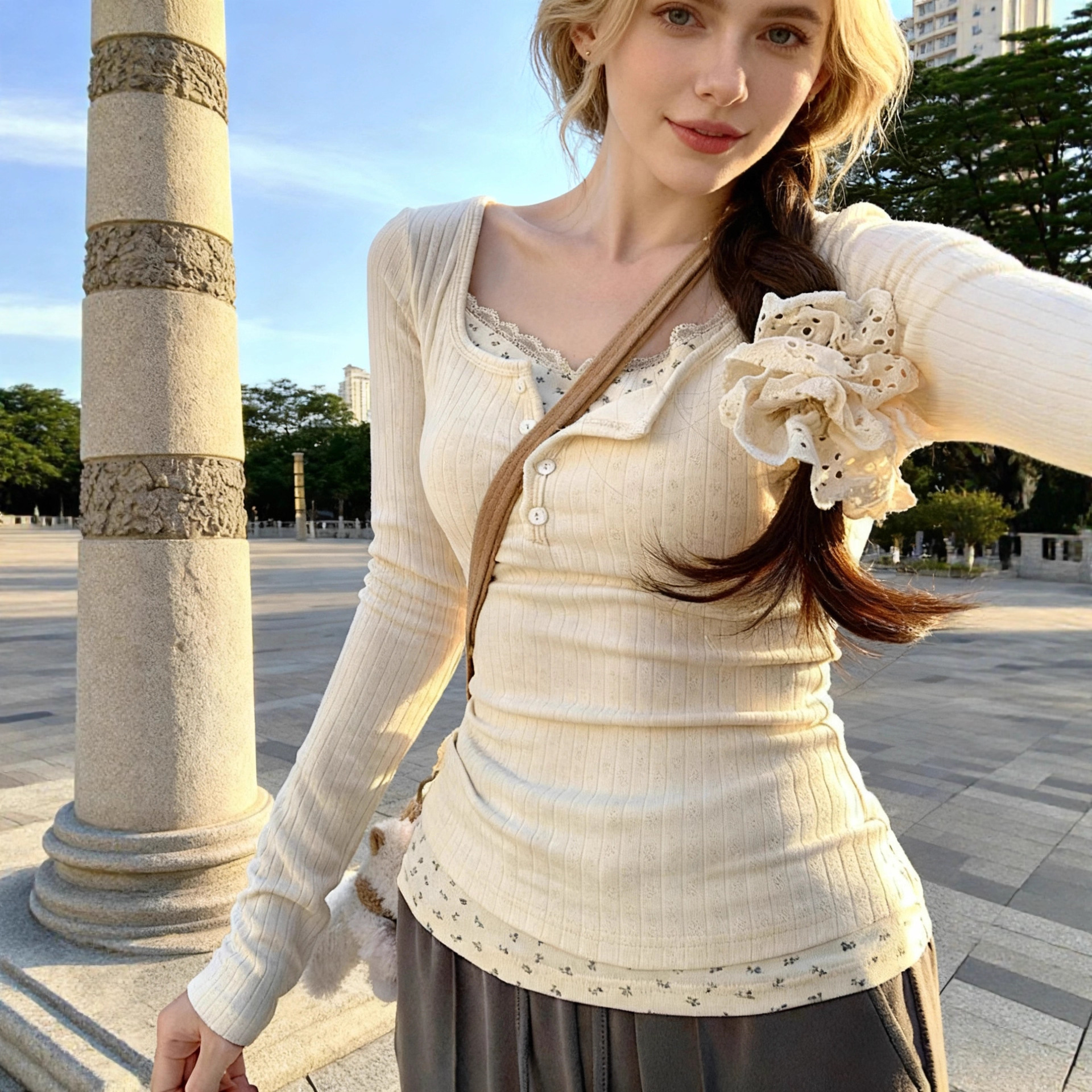 Womens Casual Floral-print Faux Two-piece Lace Top