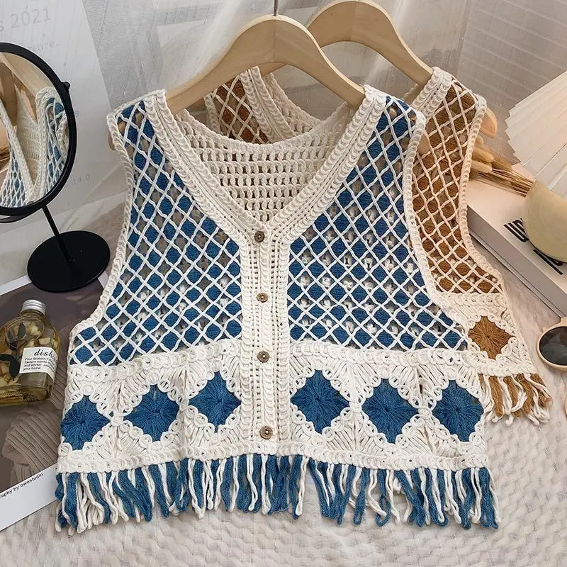 Vintage Diamond-Pattern Tassel Knitted Vest