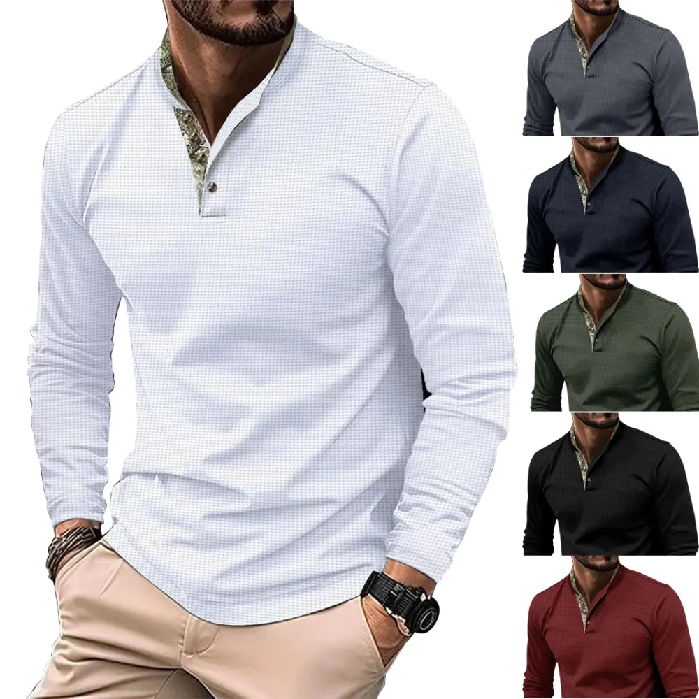 Men's Double Layer Lapel Polo Shirt Fashion Waffle Long-sleeved