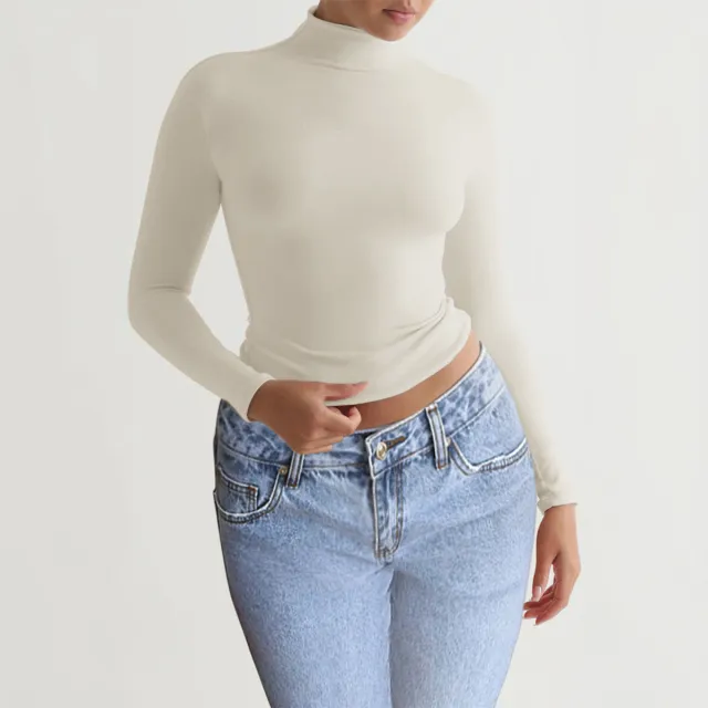 Women's Slim fit Solid Color Knitted Base Long Sleeve Shirt Apricot - Shop at LoveMi