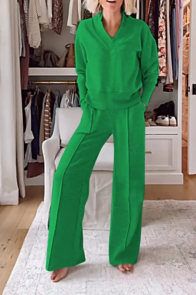 V neck Long Sleeve Loose Top Wide Leg Pants Two piece Set Green - Shop at LoveMi