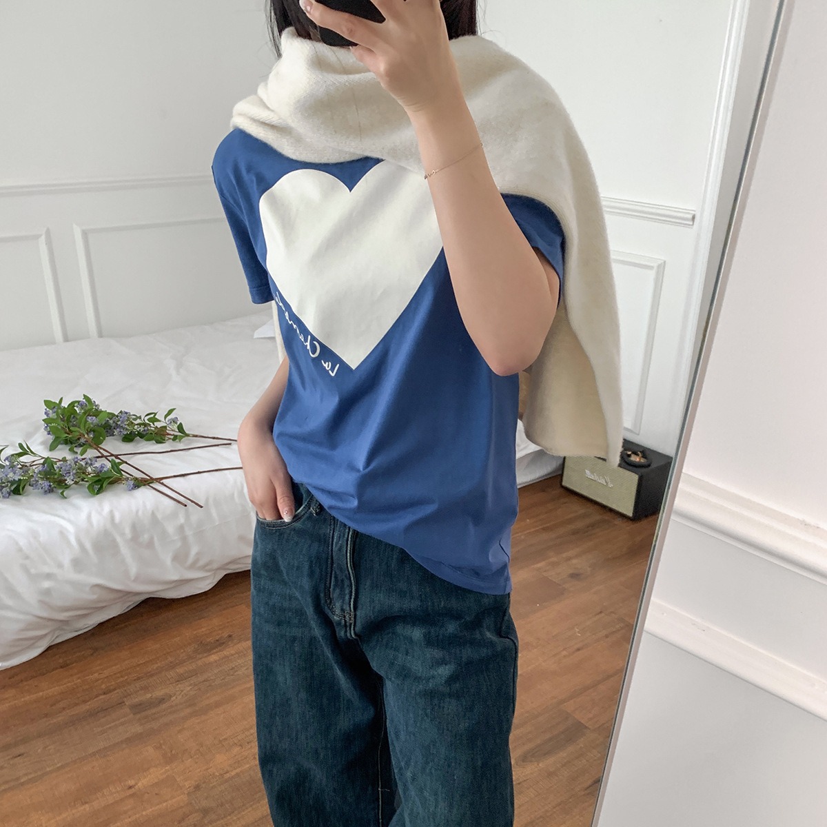 Spring Heart Print Loose Round Neck T-shirt