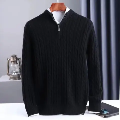 Men's Thick Twist Sweater Zipper Half Open High Collar
