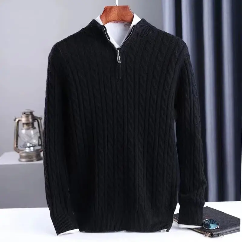 Men's Thick Twist Sweater Zipper Half Open High Collar