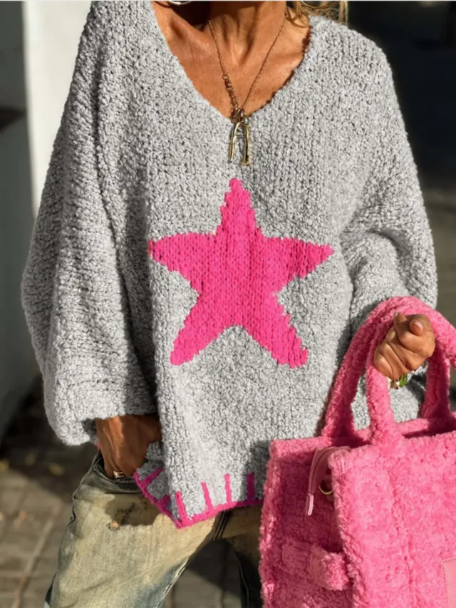Casual Loose Loop Yarn V neck Women's Sweater Gray - Shop at LoveMi