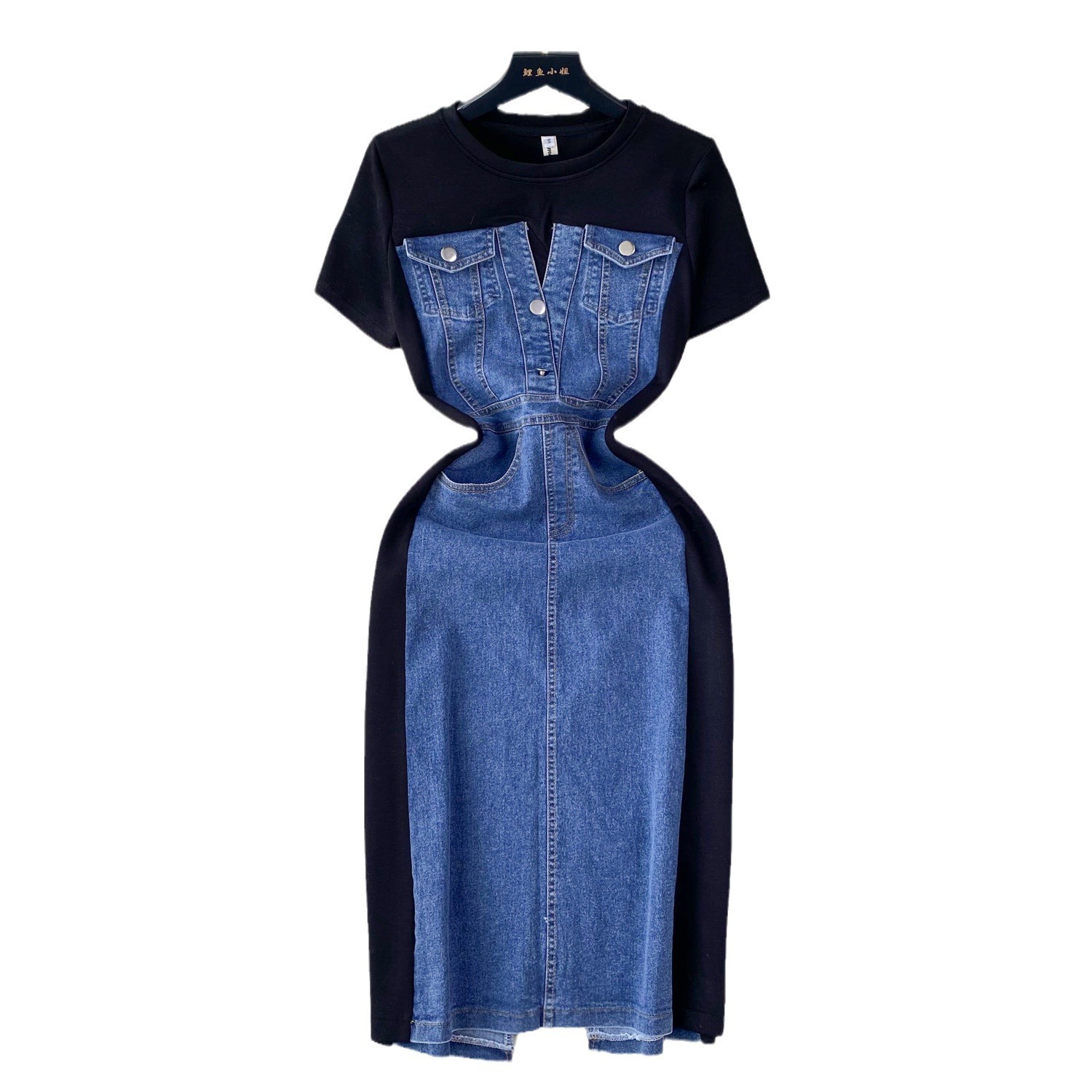 Niche Round Neck Short Sleeve Stitching Denim Dress