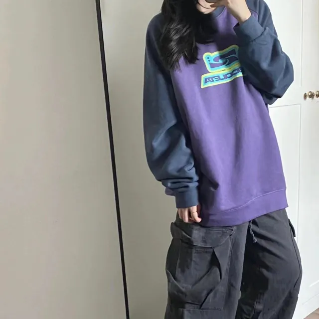 Female American Hiphop Color Contrast Patchwork Sweater Top Purple - Shop at LoveMi