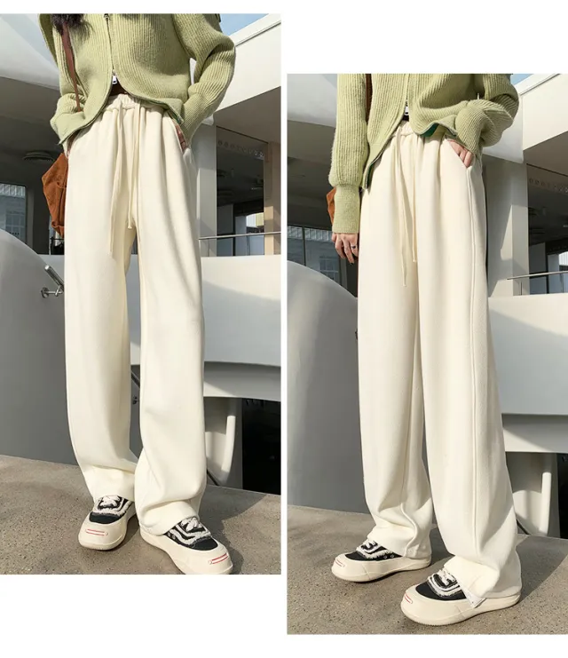 Fleece lined High Waist Matchet Pants Soft Glutinous Leisure Warm Straight Glutinous Rice Pants Milky White - Shop at LoveMi