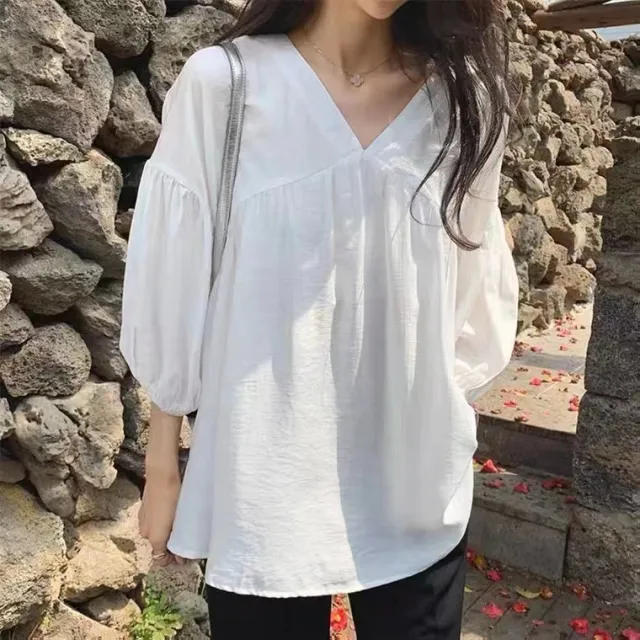 Womens Solid Color V Neck Three Quarter Sleeve Shirt White - Shop at LoveMi