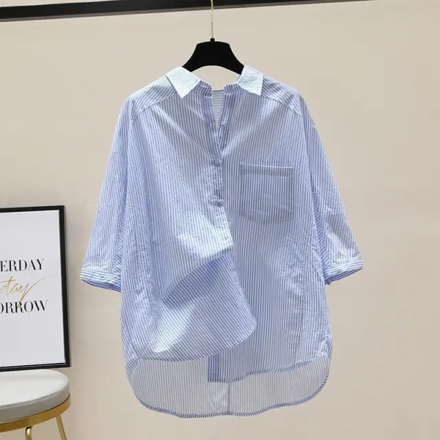 Pure Cotton Pink Striped Shirt Women's Artistic Fresh Batwing Sleeve Single Pocket Top Blue Stripes - Shop at LoveMi