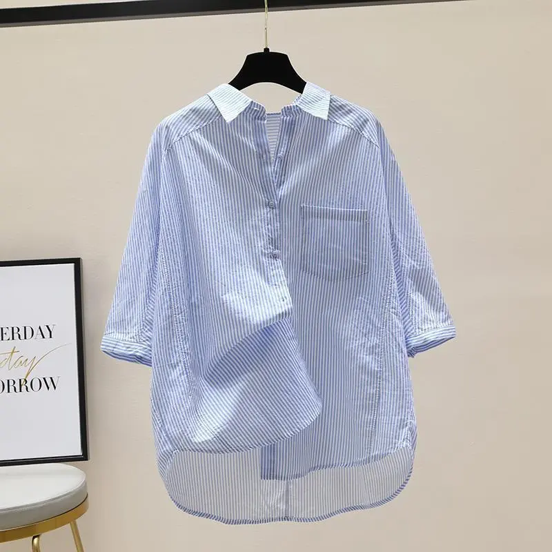Pure Cotton Pink Striped Shirt Women's Artistic Fresh Batwing Sleeve Single Pocket Top - Blue Stripes