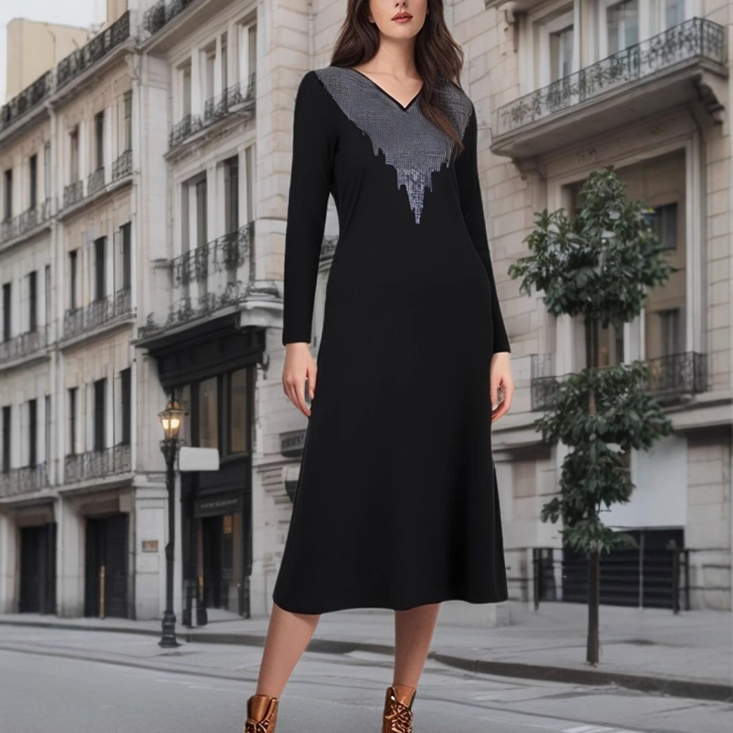 Womens Round-neck Long-sleeve Mid-length Printed Dress product image