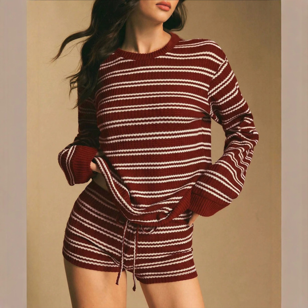Arrival Striped Long-sleeve Shorts Two-piece Set