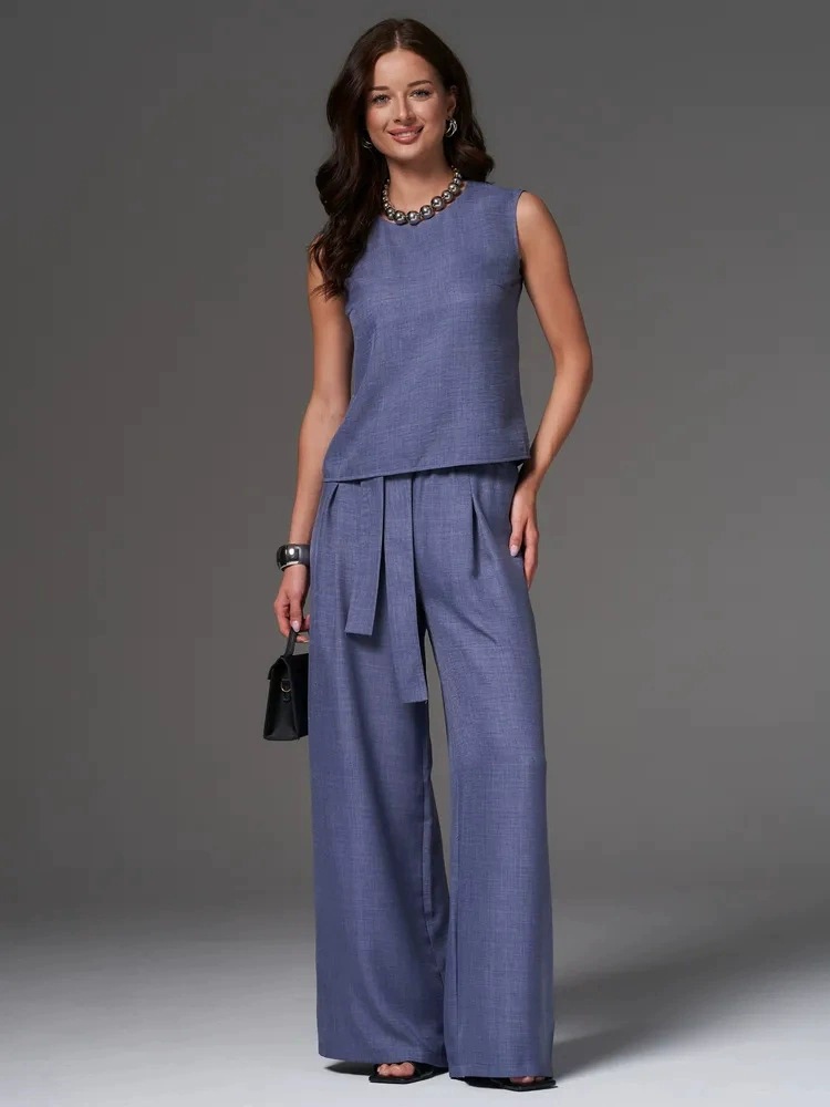 Sleeveless Cotton-Linen Wide-Leg Pants Set in Blue – fresh casual everyday matching set