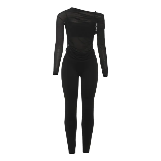 Women's Sexy Sheer Top, Spaghetti Strap Vest And High waisted Slim Pants Three piece Set Black - Shop at LoveMi