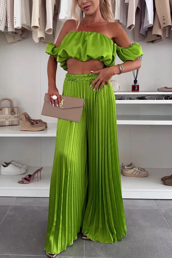 Women's Fashion Satin Tube Top Wide Leg Pants Suit Fluorescent Green - Shop at LoveMi