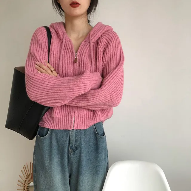 Korean Simple Short Hood Cardigan Wool Sunken Stripe Rose Red - Shop at LoveMi