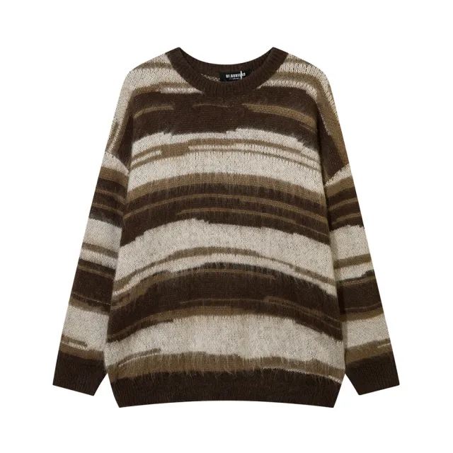 Contrast Color Striped Mohair Round Neck Sweater Brown - Shop at LoveMi