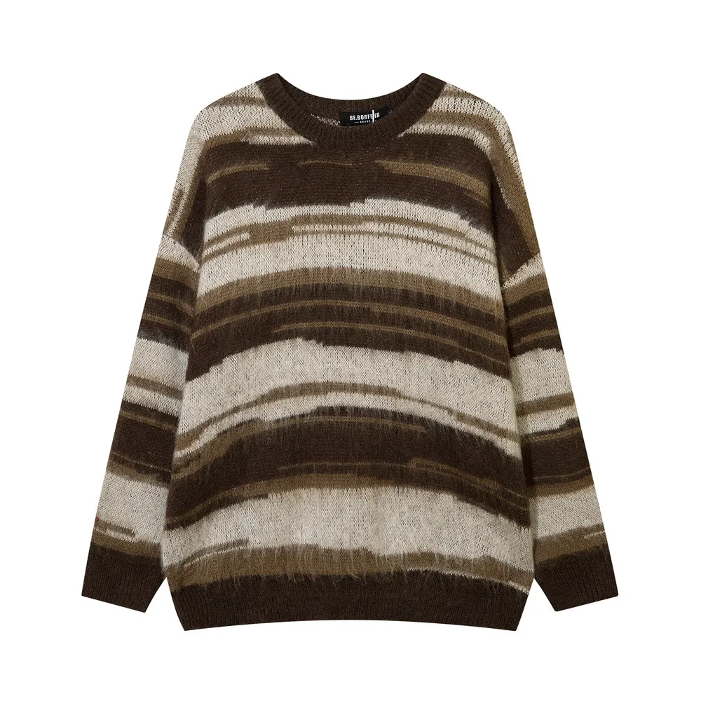 Contrast Color Striped Mohair Round Neck Sweater - Brown